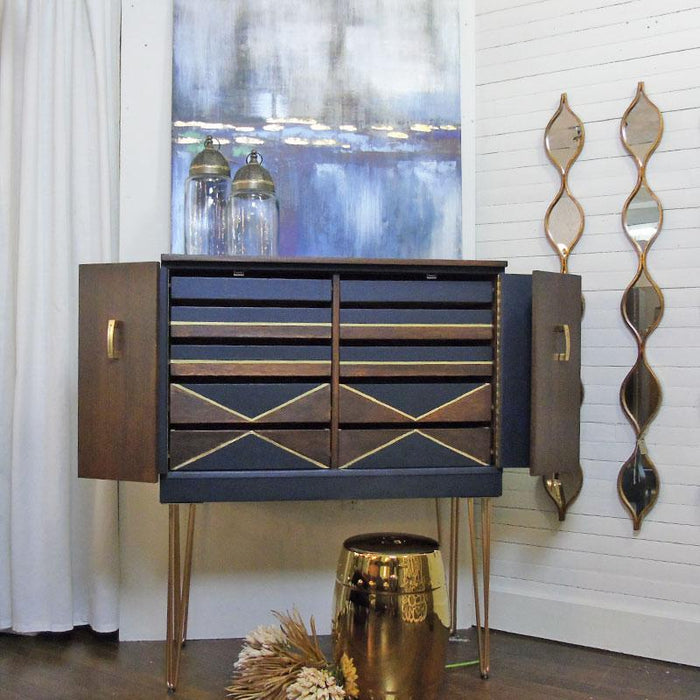 Blue & Gold Cabinet with Hair Pin leg